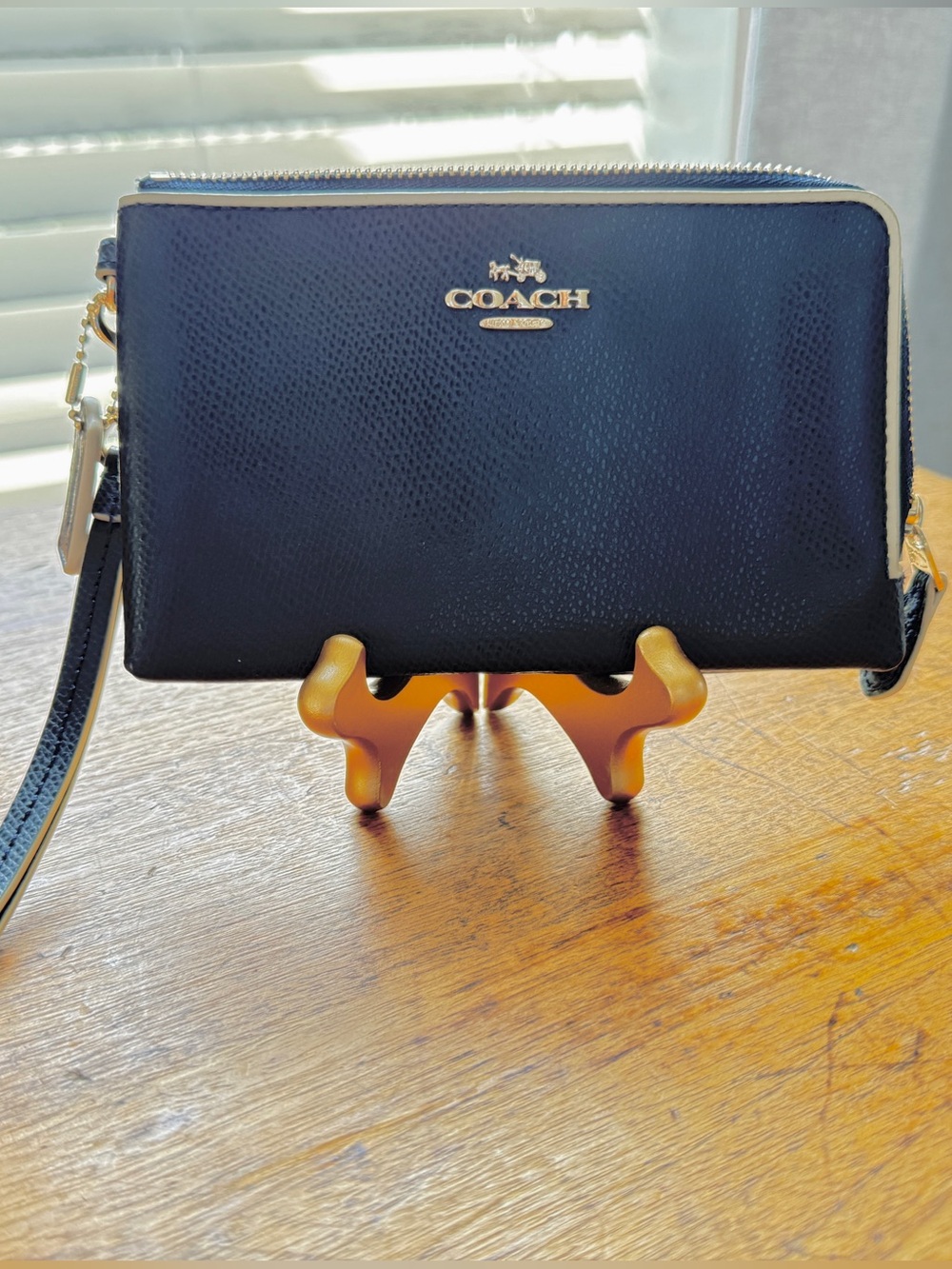 Authentic Coach Navy Blue Pebbled Leather Double Zip Wristlet Wallet